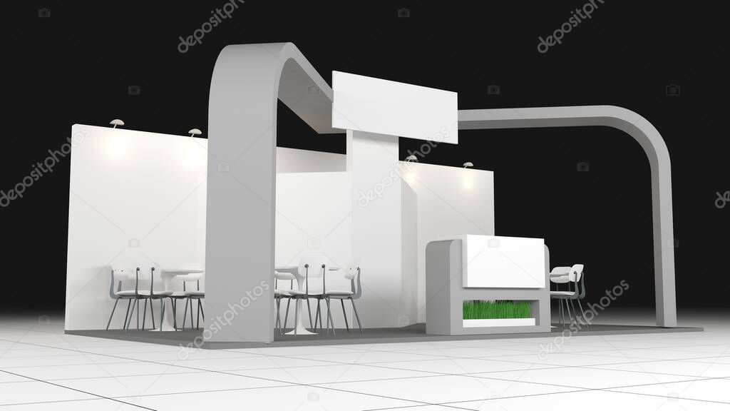 booth design in exhibition with chairs and tables. 3D rendering