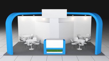 blue stand or booth in a tradeshow