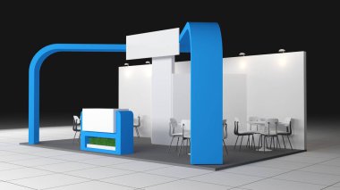 blue stand or booth in a tradeshow