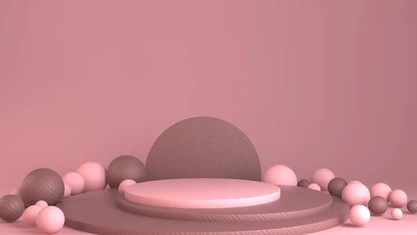 Pink round podium. Pedestal and balloons in pastel colored room scene. — 스톡 사진