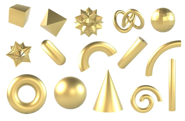 Set of 3d Golden Geometric Shapes Objects. Realistic geometry elements isolated on white background, — Stock Photo, Image
