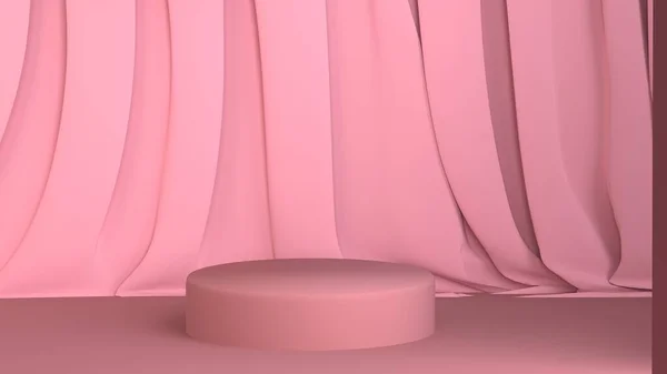 Rosa runda podium. Piedestal i pastellfärgat rum med spotlights scen. 3D-illustration. — Stockfoto