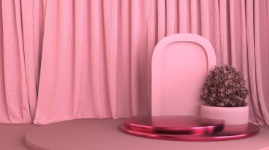 Silindir podyumlu en az 8k çözünürlüklü sahne. Soyut geometrik arkaplan. Ürünü göstermek için boş oda