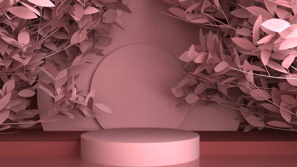 Geometrik pembe soyut arkaplan, çiçekler ve podyum. Ürün tanıtımı için minimalist arkaplan tasarımı.