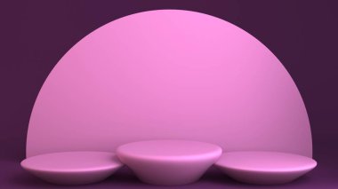 Pembe Arkaplan 'da üç katlı pembe geometrik podyum. Geometrik şekilli sahne.