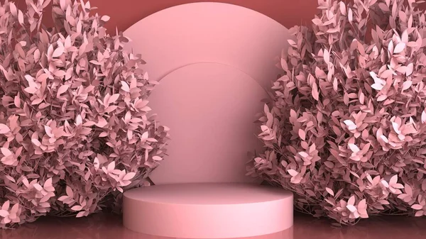 Geometrisk rosa abstrakt bakgrund med blommor och podium. Minimalistisk bakgrund design för produktmarknadsföring. 3d-konvertering — Stockfoto