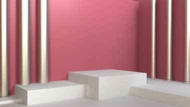 Ürünlerin sergilenmesi için açık pembe arkaplan ile hazırlanmış 3D beyaz podyum