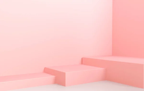 3d 는 핑크의 추상적 인 기하학적 배경 또는 질감의 내부를 렌더링한다. 제품 전시를 위한 밝은 파스텔 지휘대나 계단. — 스톡 사진