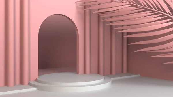 Suporte de produto na sala com janela, cor rosa, luz brilhante, forma de cilindro. Renderização 3D — Fotografia de Stock