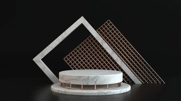 3D çizim, soyut sanat deco yeşil zemin, yuvarlak boş çerçeveler, mermer dokular. Silindir basamakları kaide, podyum