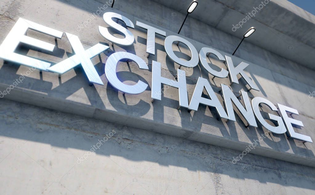 A 3D render of laser cut signage above the entrance to a modern generic stock exchange building composed of exposed concrete in the day time