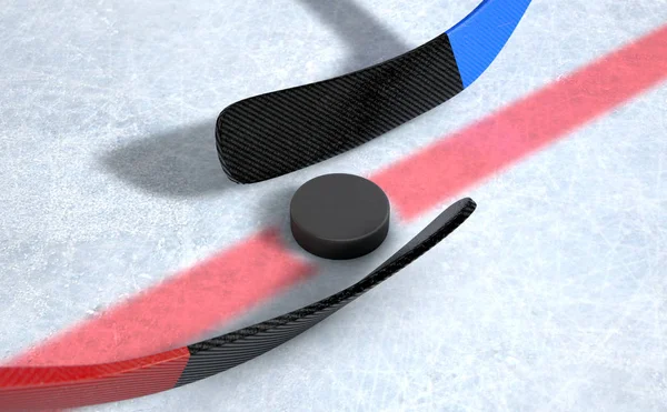 Bâtons et rondelle de hockey sur glace — Photo