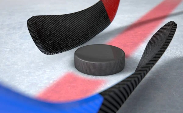 Palos de hockey sobre hielo y disco —  Fotos de Stock
