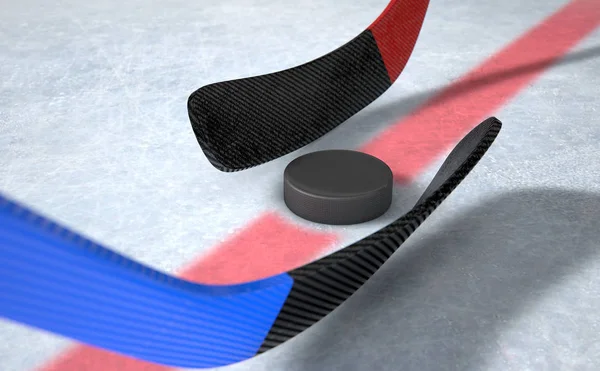 Bâtons et rondelle de hockey sur glace — Photo