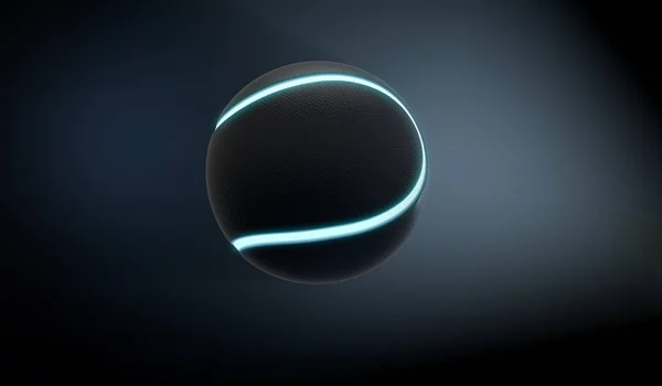 Un concepto deportivo futurista de una pelota de tenis de textura negra iluminada con marcas de neón que vuelan a través del espacio oscuro - 3D render — Foto de Stock