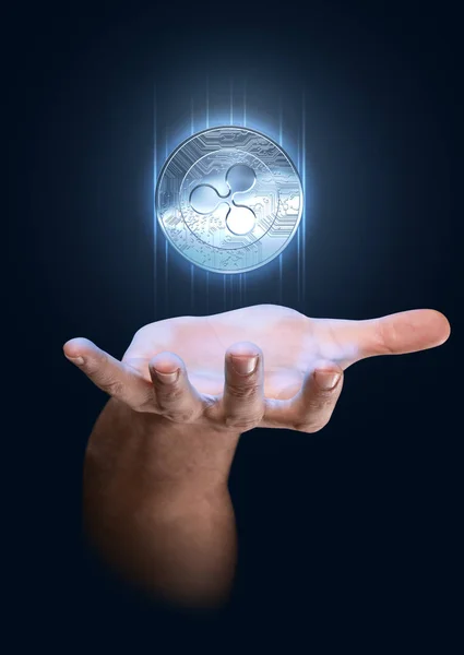 Mano con el holograma criptomoneda — Foto de Stock