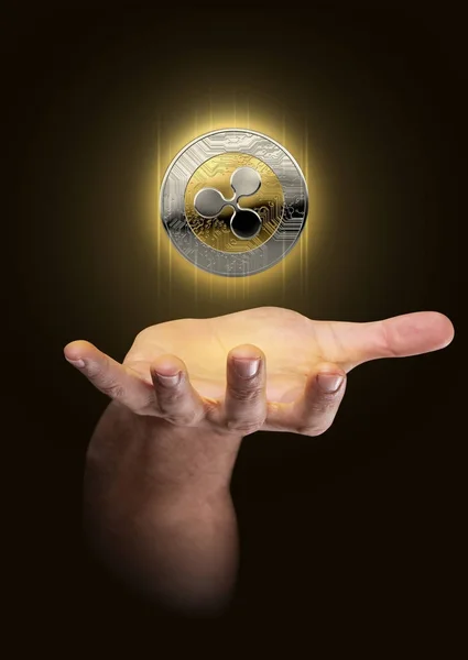 Mano con el holograma criptomoneda — Foto de Stock