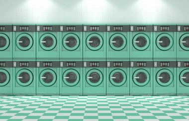 Bir duvar turkuaz Endüstriyel Yıkama makinaları bir Çamaşırhane - 3d render iyi aydınlatılmış bir temiz yığının