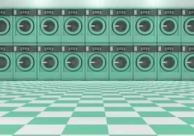 Bir duvar turkuaz Endüstriyel Yıkama makinaları bir Çamaşırhane - 3d render iyi aydınlatılmış bir temiz yığının