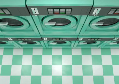 Bir duvar turkuaz Endüstriyel Yıkama makinaları bir Çamaşırhane - 3d render iyi aydınlatılmış bir temiz yığının