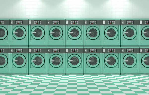 Wall Well Lit Clean Stack Turquoise Industrial Washing Machines Laundromat — Stock Photo, Image