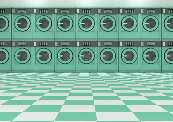 Bir duvar turkuaz Endüstriyel Yıkama makinaları bir Çamaşırhane - 3d render iyi aydınlatılmış bir temiz yığının