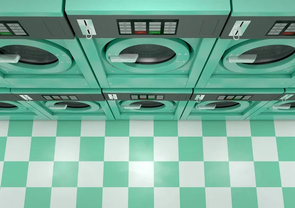 在自助洗衣店 渲染中 一堆干净的绿松石工业洗衣机的墙 — 图库照片