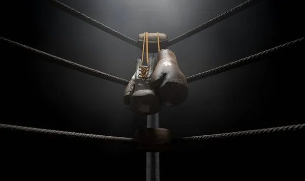 Винтажный боксерский уголок и висячие перчатки — стоковое фото