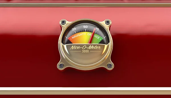 A concept showing a dial or gauge to measure whether children have been naughty or nice for the festive season  mounted on a red sleigh dashboard - 3D render