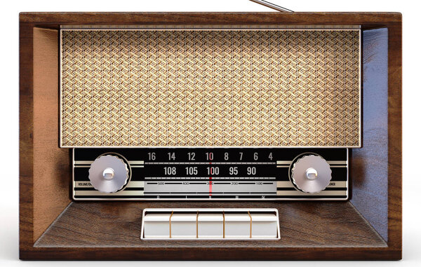 A concept vintage radio from the seventies made of speaker cloth chrome and wood on an isolated white studio background - 3D render