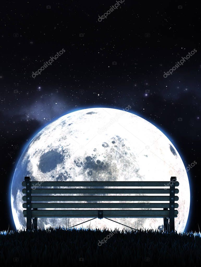 Empty Bench And Moon Silhouette