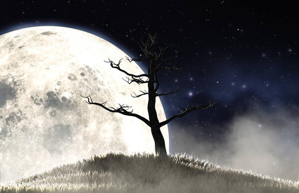 A concept image showing a dead leafless tree on a grassy hill at night on the backdrop of a full moon and starry night background - 3D render