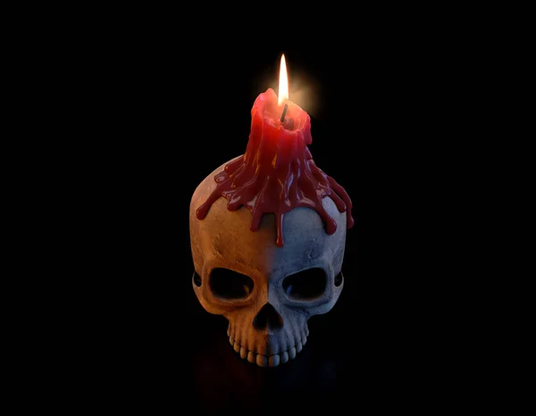 Skull And Melted Lit CAndle — Stock Photo, Image