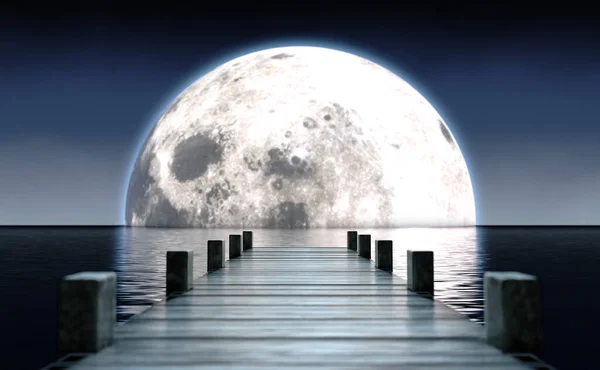 Pier ve Moon On Water Horizon — Stok fotoğraf