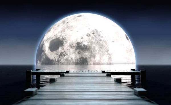 水上の桟橋と月｜Horizon — ストック写真
