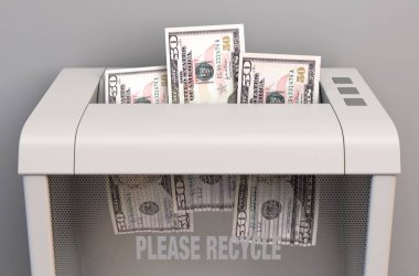 Düzenli bir ofis kâğıdı öğütücüsü. Üç Amerikan doları banknotunu, izole edilmiş bir arka plan üzerinde öğütüyor.
