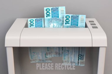A regular office paper shredder in the process of shredding three brazilian real bank notes on an isolated background - 3D render clipart