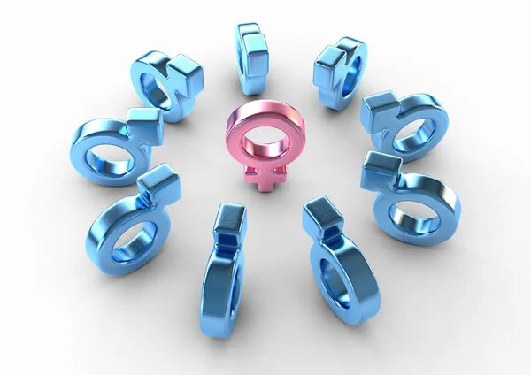 Pink Metallic Female Symbol Surrounded Attracting Male Symbols All Pointing — Stock Photo, Image