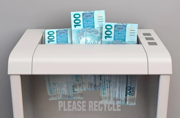 Regular Office Paper Shredder Process Shredding Three Brazilian Real Bank — Stock Photo, Image