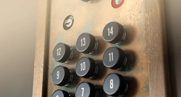 An old retro elevator control panel with fourteen floors made of brass and wood with analog buttons - 3D render