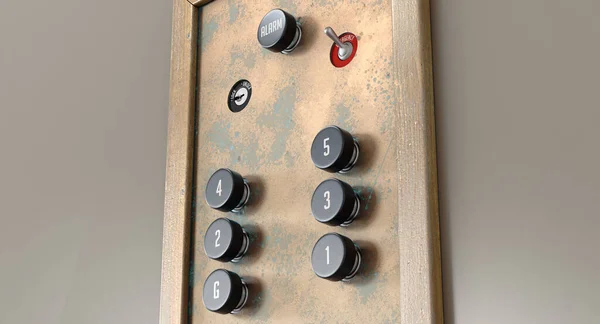 An old retro elevator control panel with six floors made of brass and wood with analog buttons - 3D render