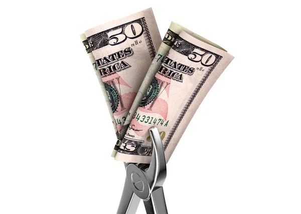 Pair Medical Pliers Gripping Rolled Pair Dollar Bank Notes Isolated — Stock Photo, Image