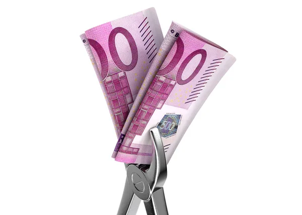 Eine Medizinische Zange Die Ein Zusammengerolltes Paar Euro Banknoten Auf — Stockfoto