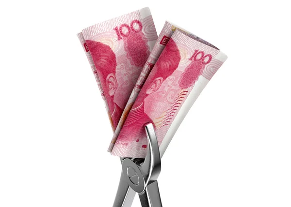 Pair Medical Pliers Gripping Rolled Pair China Yuan Bank Notes — Stock Photo, Image