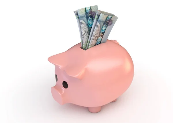 Pink Piggy Bank Rolled Pair Dubai Dirham Bank Notes Inserted — Stock Photo, Image