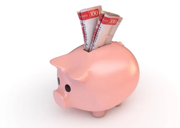 Pink Piggy Bank Rolled Pair Hong Kong Dollar Bank Notes — Stock Photo, Image