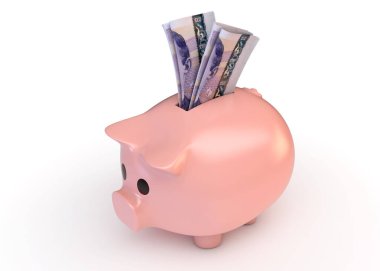 İzole edilmiş beyaz stüdyo arka planına eklenmiş Norveç kron banknotları olan pembe bir kumbara.