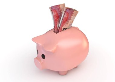 İzole edilmiş beyaz bir stüdyonun arka planına eklenmiş Güney Afrika rand banknotları olan pembe bir kumbara.