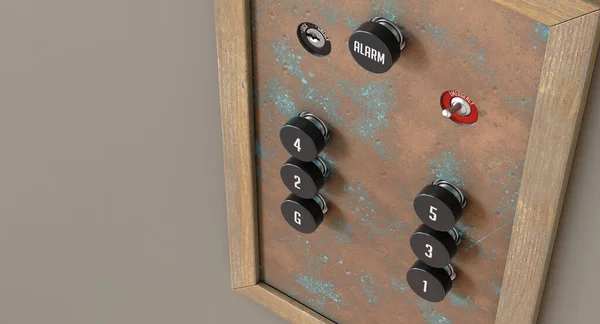 Old Retro Elevator Control Panel Six Floors Made Brass Wood — Stock Photo, Image