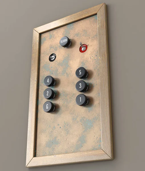 アナログボタン付き真鍮と木材で作られた6階建ての古いレトロなエレベーターコントロールパネル 3Dレンダリング — ストック写真